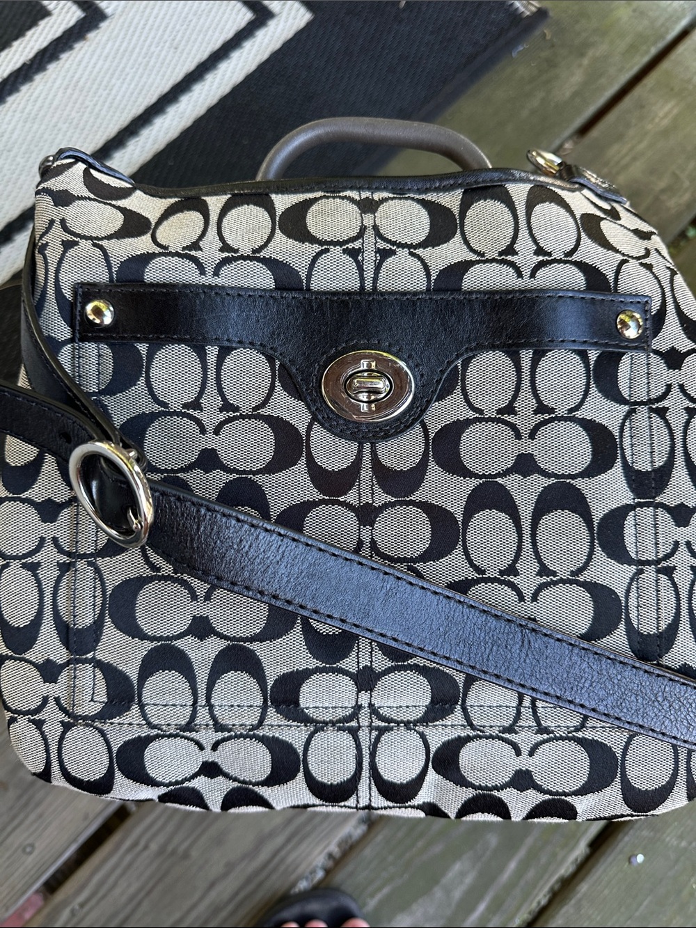 Coach Black and Ivory Signature Jacquard Crossbody with Silver-Tone Turnlock